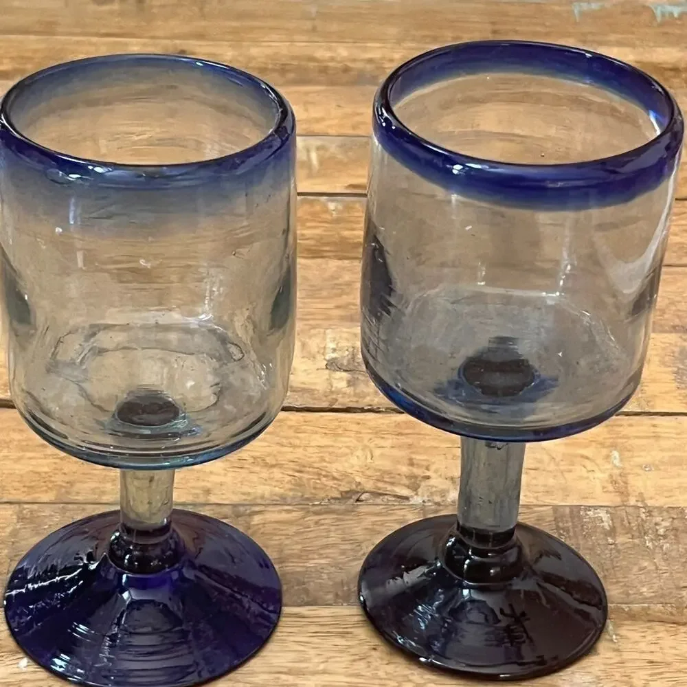 Mexican Hand Blown Goblets Drinking Glasses Cobalt Blue Rim Set of 5